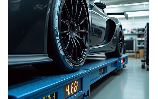 Kereta lumba pada penimbang sudut untuk kalibrasi suspensi.