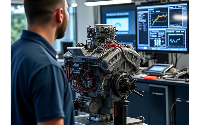 Enjin perlumbaan berprestasi tinggi pada dyno, sedang ditala.